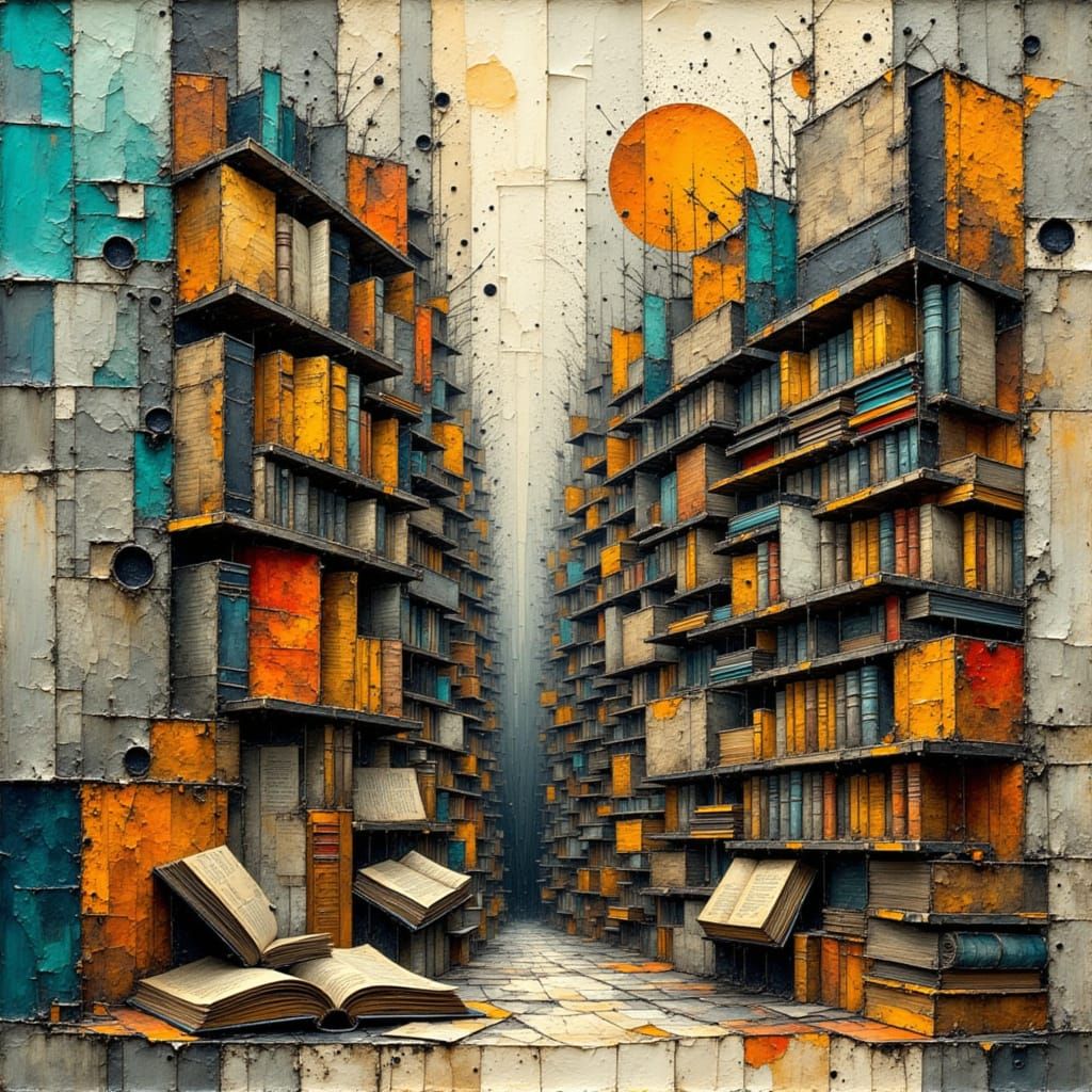 Surreal Library of Bookshelves as Impressionistic Paint Stro...