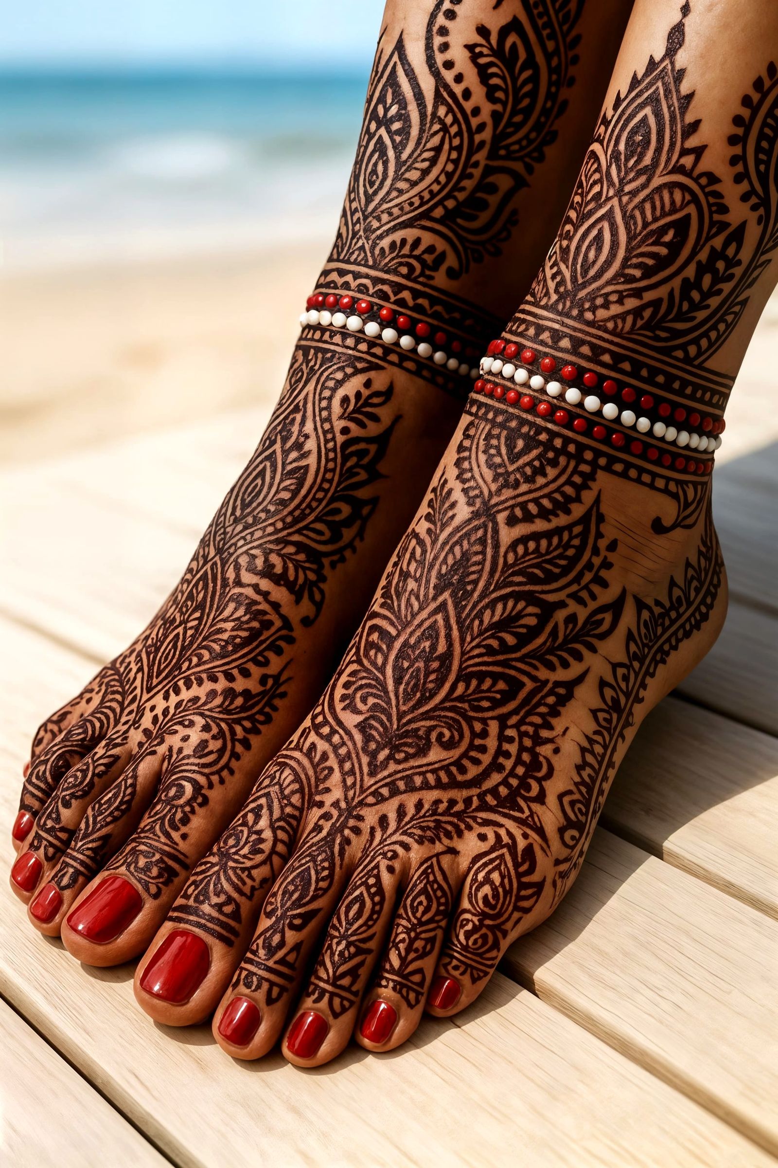 Feet Adorned with Henna and Beaded Anklets