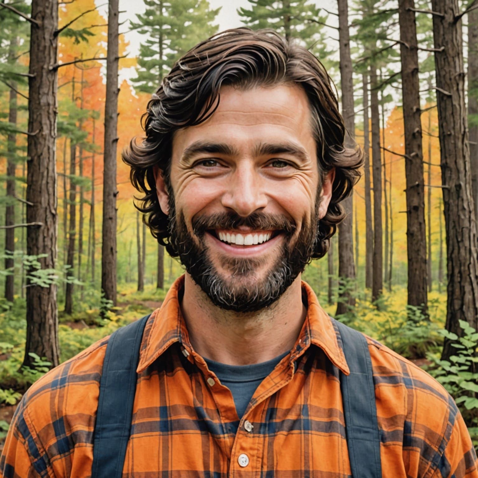 Watercolor Portrait of Smiling Man in Maine Forest