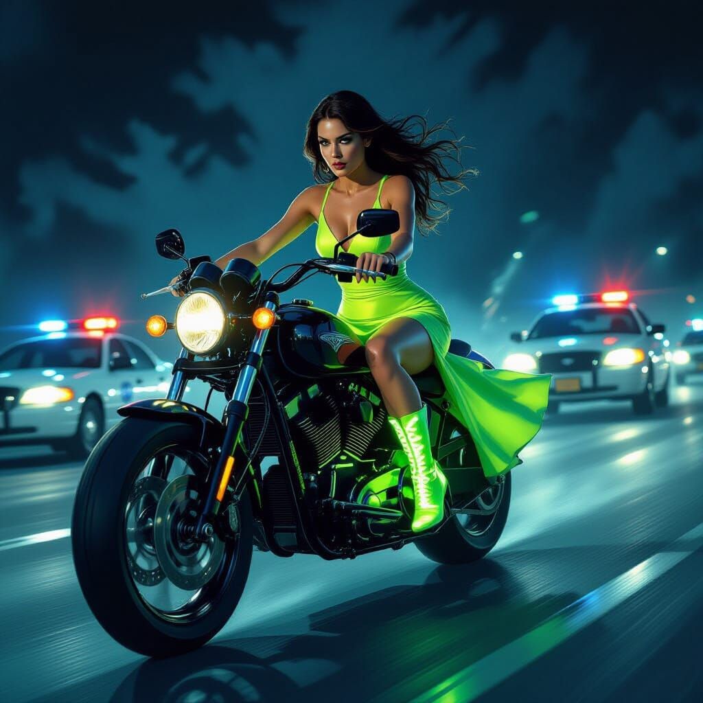 Woman in Luminous Dress Evades Police on Motorcycle