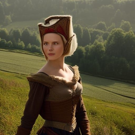 A German woman in late medieval clothes in rural nature