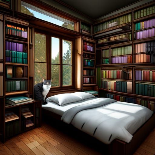 Bookshelf Bedroom with Cat in Fantasy Style