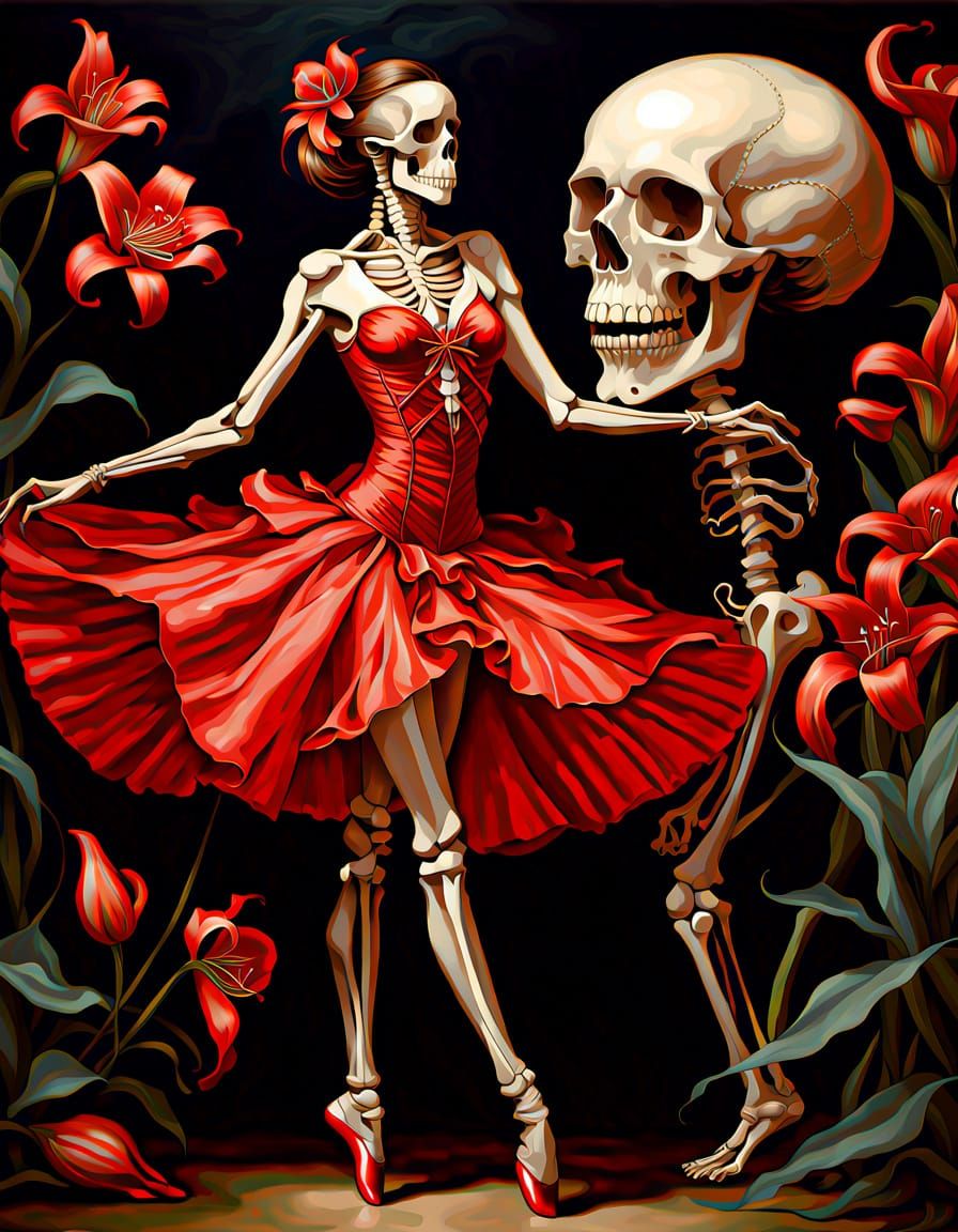 Skeleton Ballerina in Red Satin with Skull and Lilies