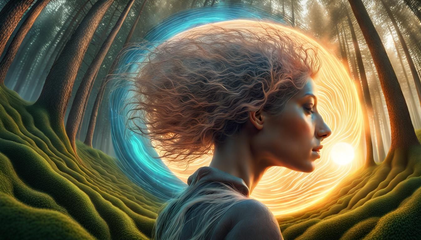 Surreal Woman Plants Sun and Moon in Warped Forest