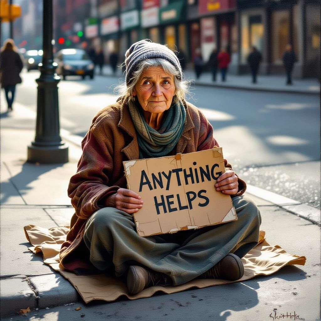 Elderly Homeless Woman in Realistic Oil Painting Style