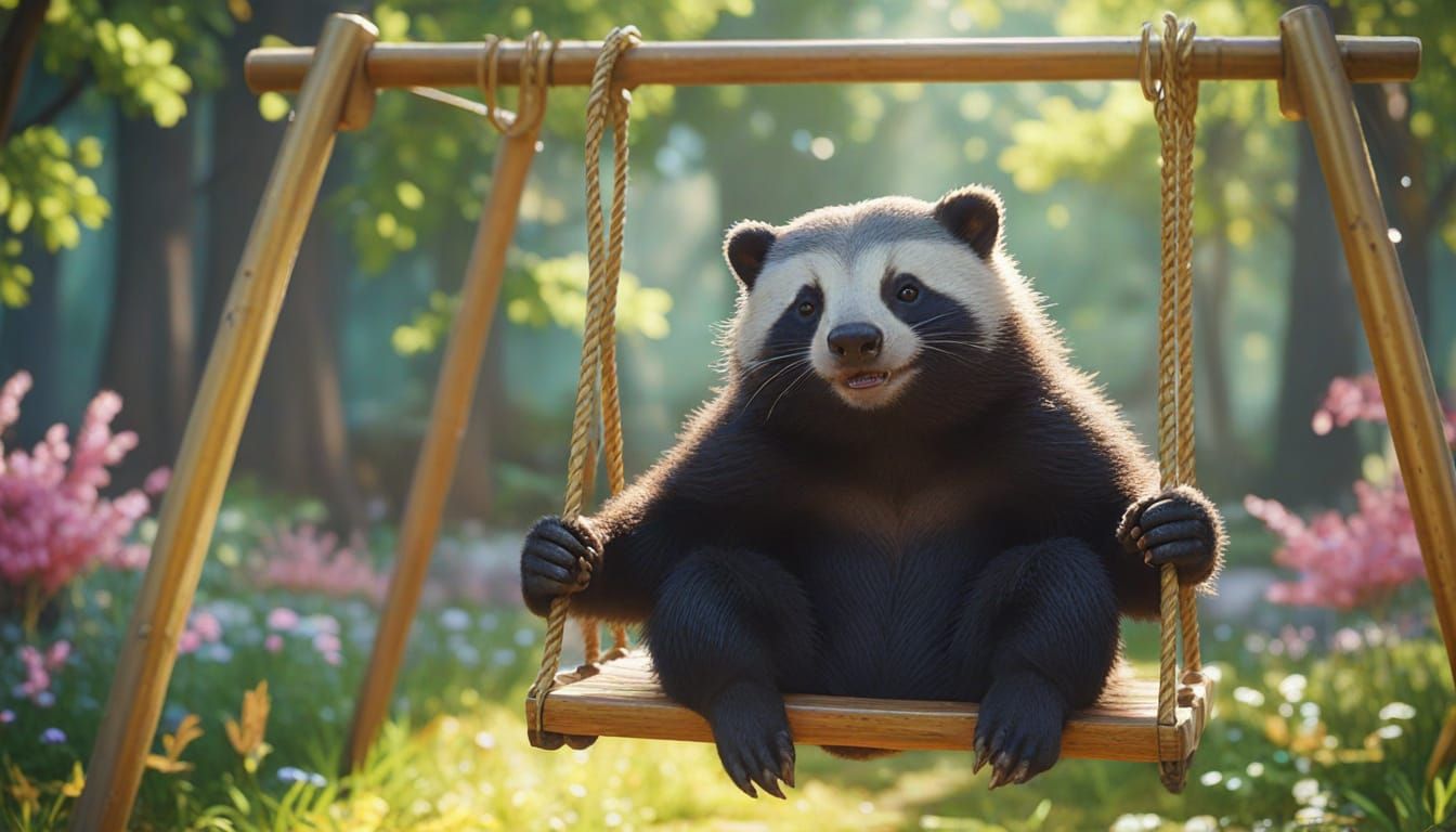 Happy Honey Badger on a Swing in Anime Style