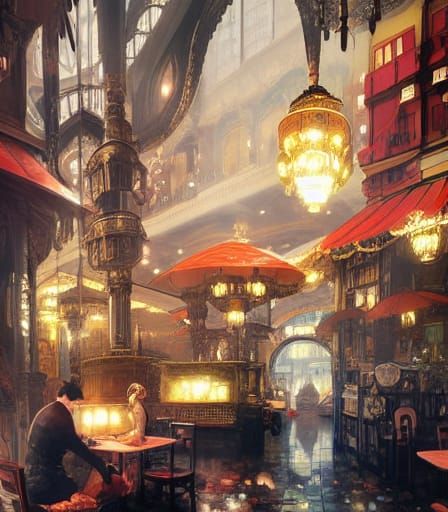 Cozy Cafe Interior in Elaborate Digital Painting Style