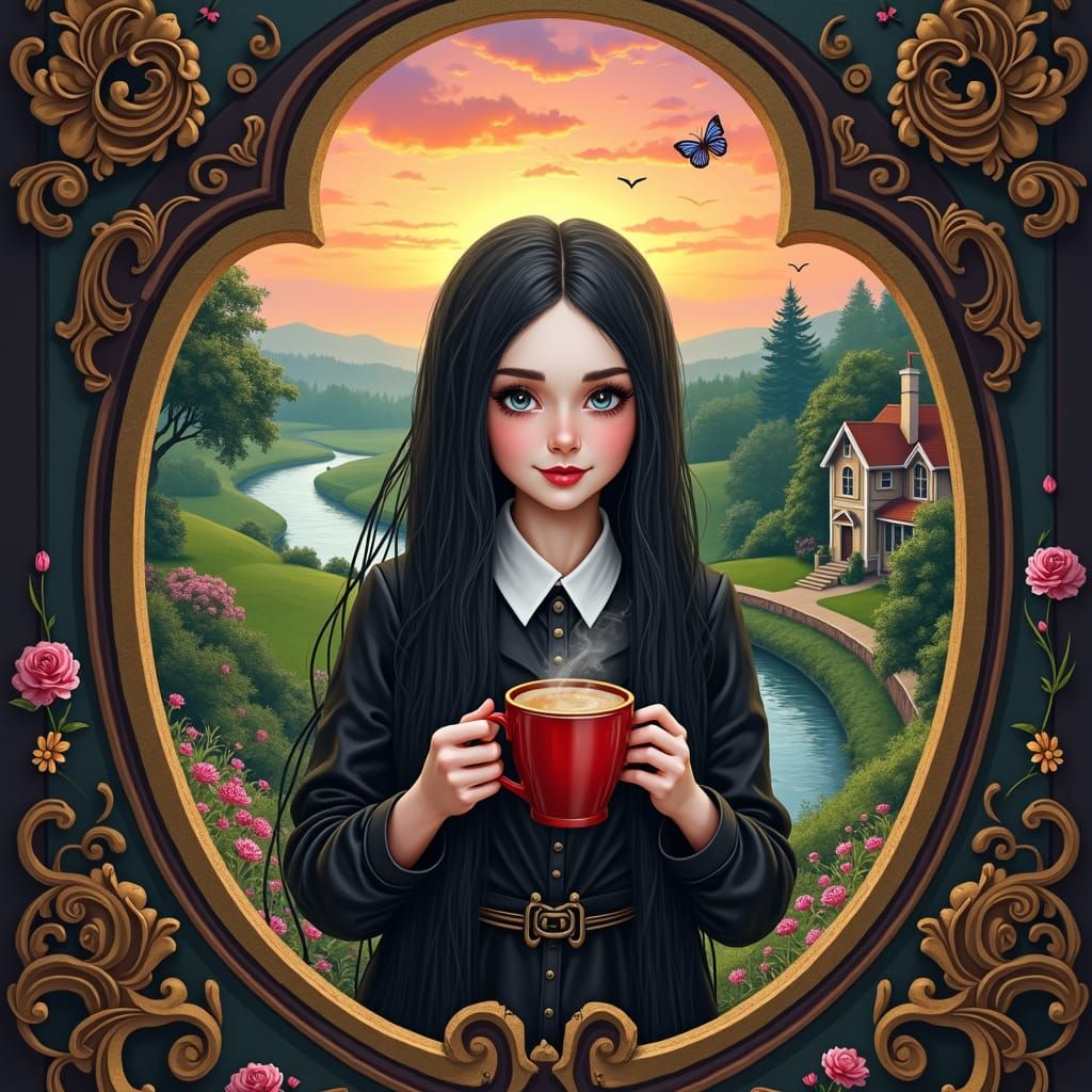 Wednesday Addams Coffee in Ornate Keyhole Frame