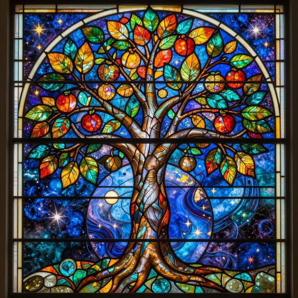 Stained Glass Tree of Knowledge Ascending into Celestial Sph...