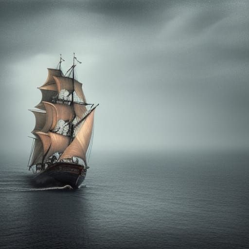 Hyperrealistic Flying Dutchman on a Moody Sea