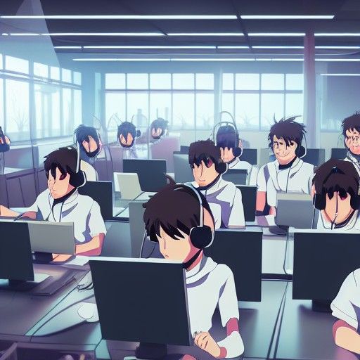 Robot Call Center in Studio Ghibli Anime Style