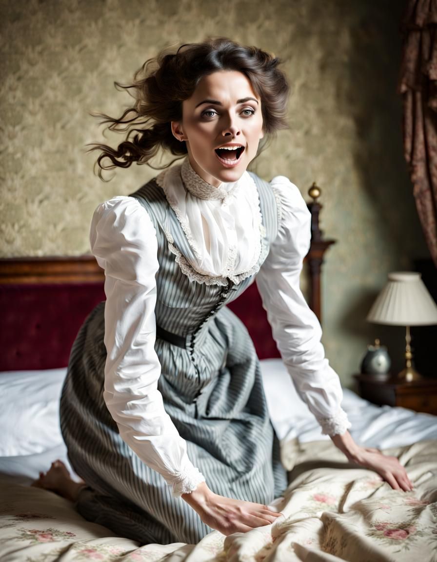 Victorian Woman's Joyful Leap: Half Body Portrait