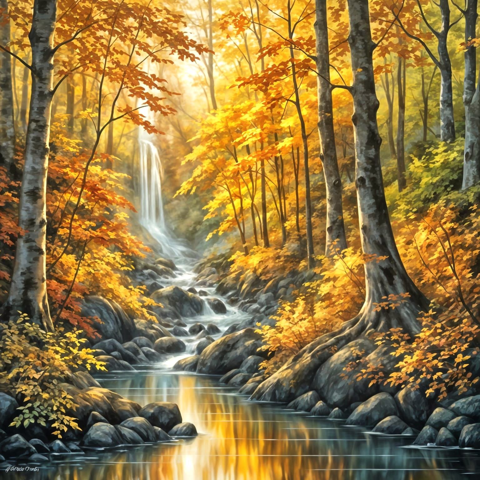 Autumn Forest Waterfall in Oil Painting Style