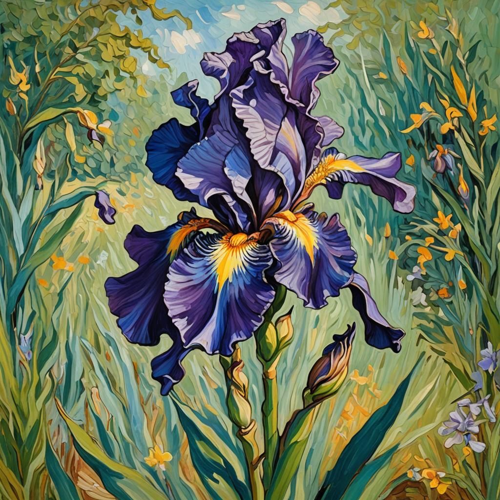Blooming Iris in Post-Impressionist Style