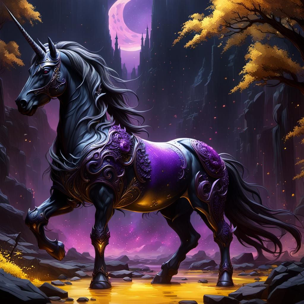 Hyperdetailed Black Unicorn in Dark Fantasy Style
