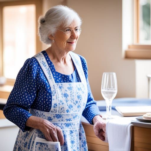 Mature Woman in Laura Ashley Dress and Apron
