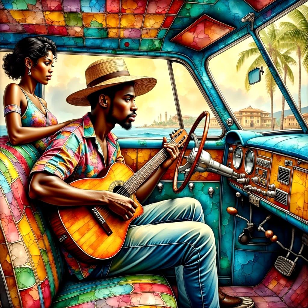 Cuban Jazz Scene with Metallic Impasto Texture