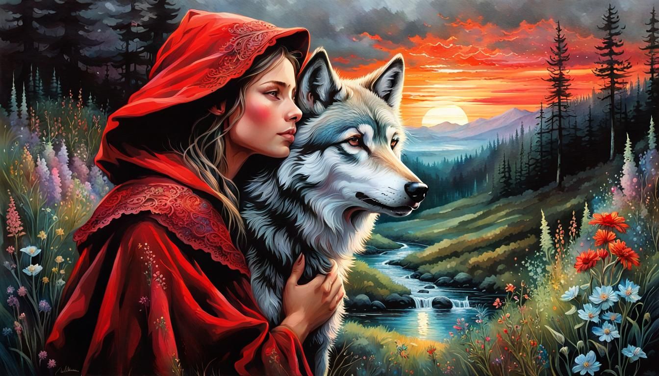 Little Red Riding Hood Hugs Wolf in Lush Forest