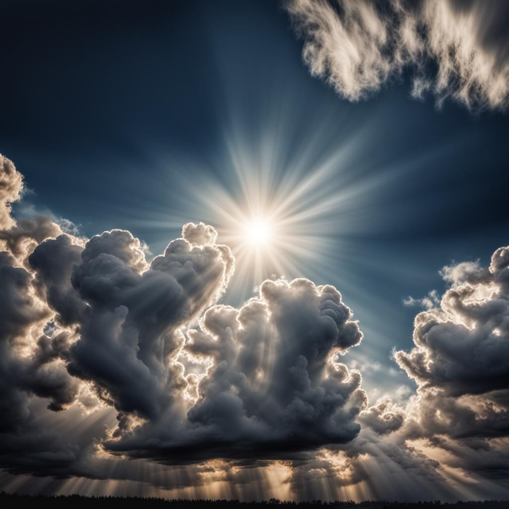 Hyperrealistic Sun Peeking Through Bright Clouds