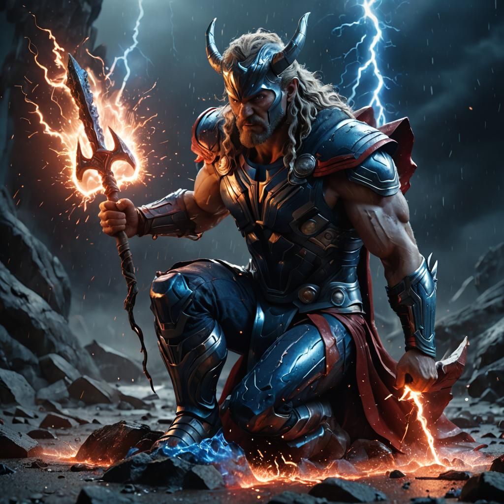 Kneeling Thunder God with Trident in Hyperrealistic Render