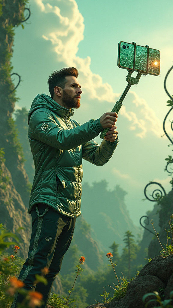 Messi's Gem-Encrusted Selfie Stick in Fantasy Landscape