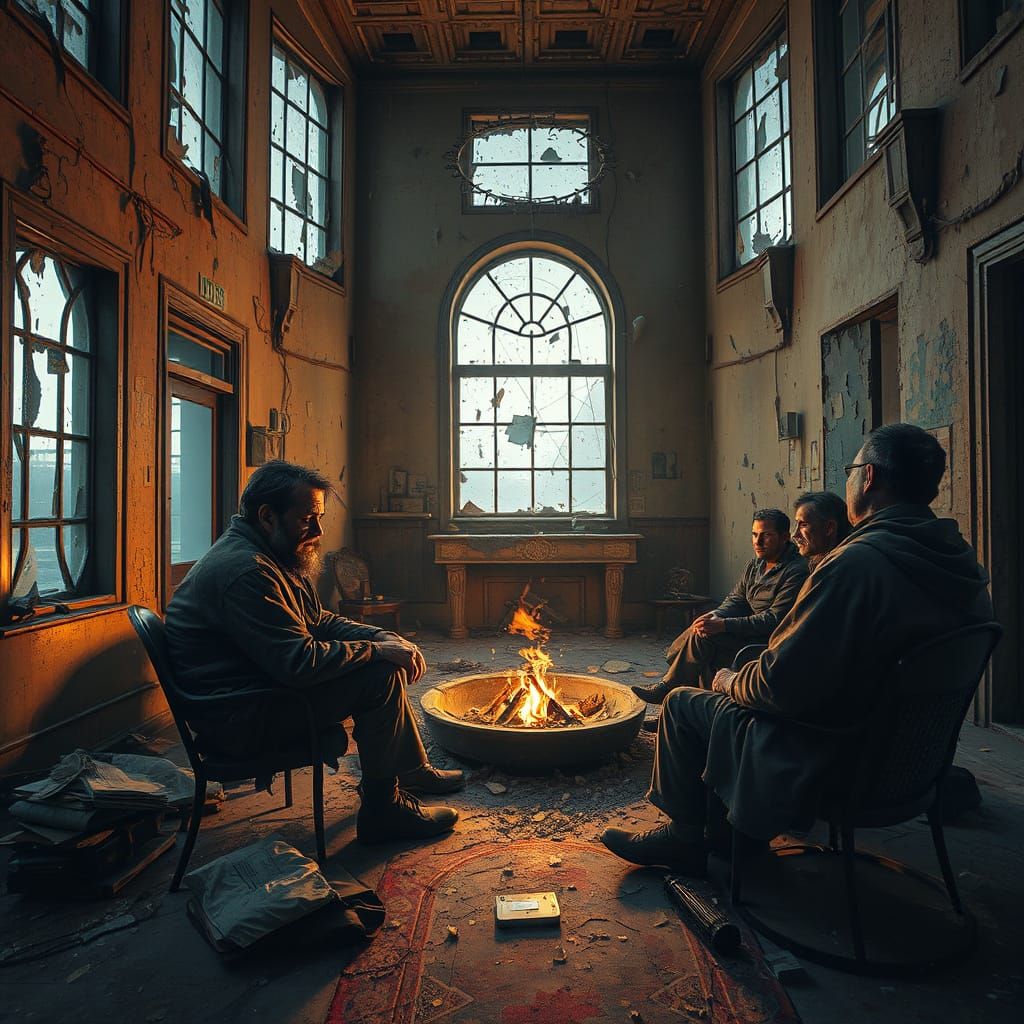 Abandoned Hotel with People Around Fire: Hyperrealistic