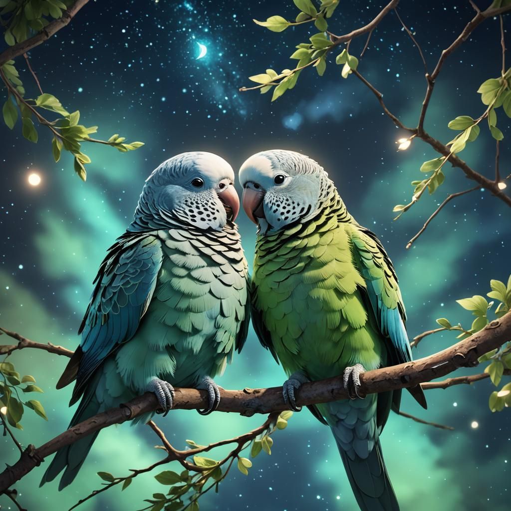 Romantic Parakeets in Love, 3D Anime Art