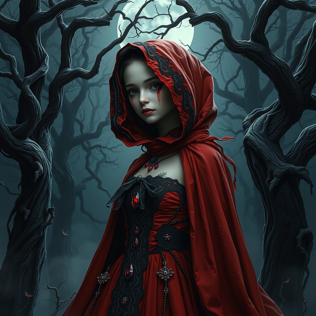 Gothic Red Riding Hood in a Haunting Moonlit Forest