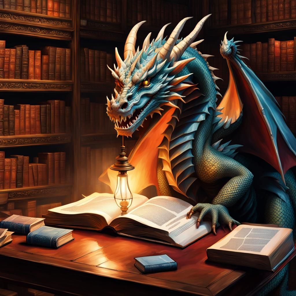 Dragon Reads Book in Library: Hyperrealistic Splash Art