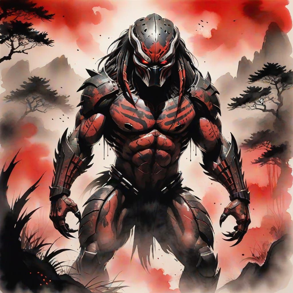 The Predator in Sumi-e Style with Red Mist