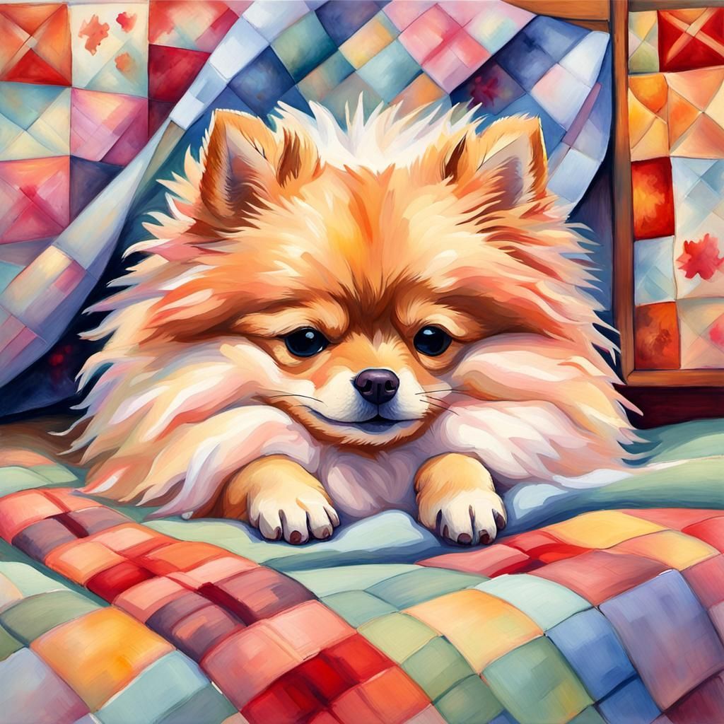 Dreamy Pomeranian in Gouache and Watercolor Style