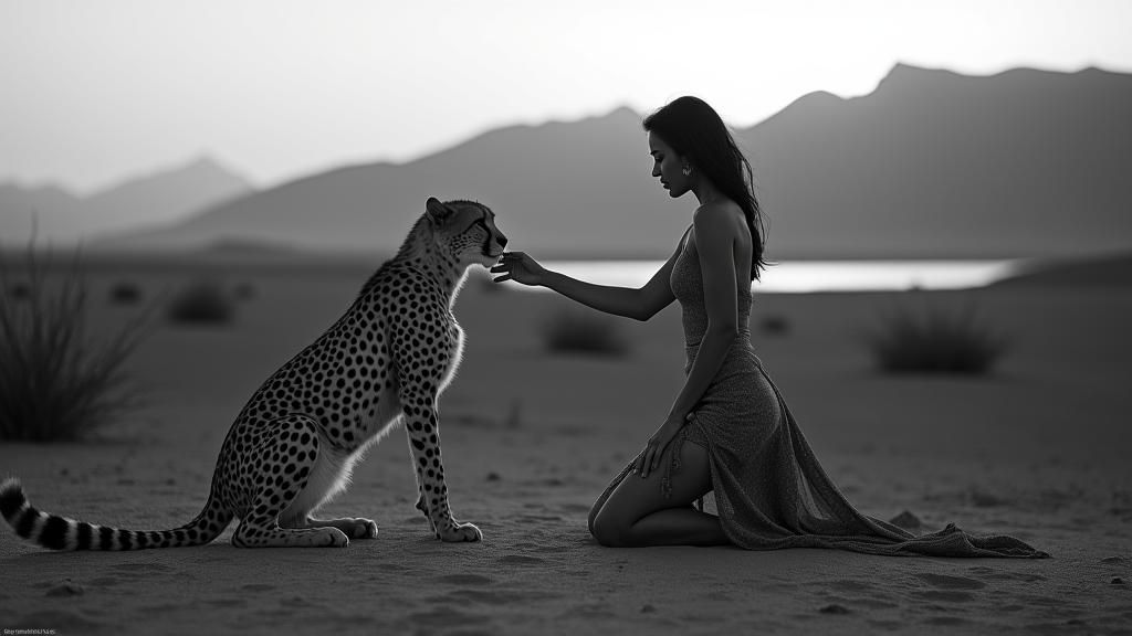 Woman and Cheetah Share a Moment in Desert Landscape