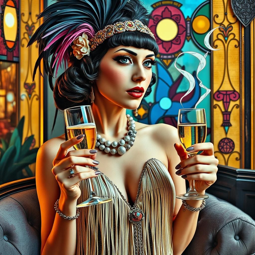 Flapper in Art Deco Setting as Mixed-Media Collage