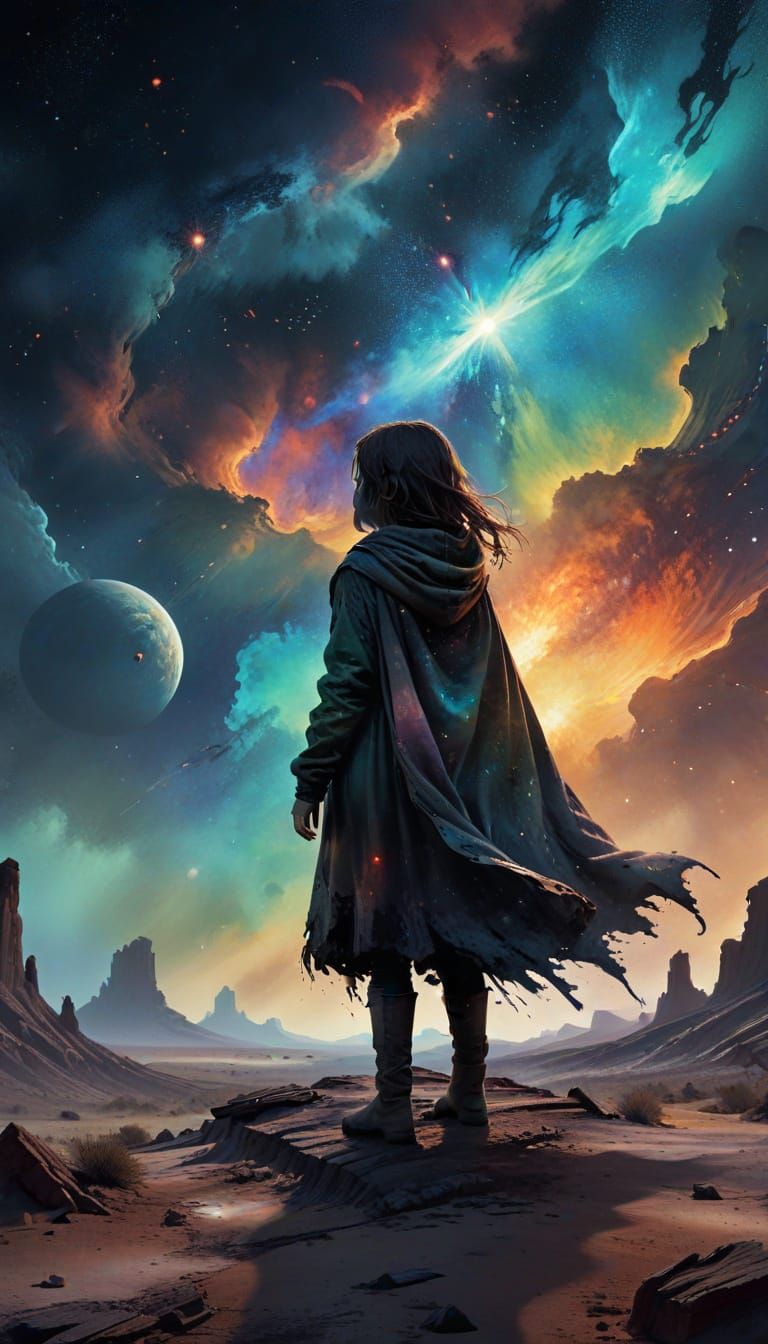 Dark Fantasy Child Gazes at Nebula on Alien World
