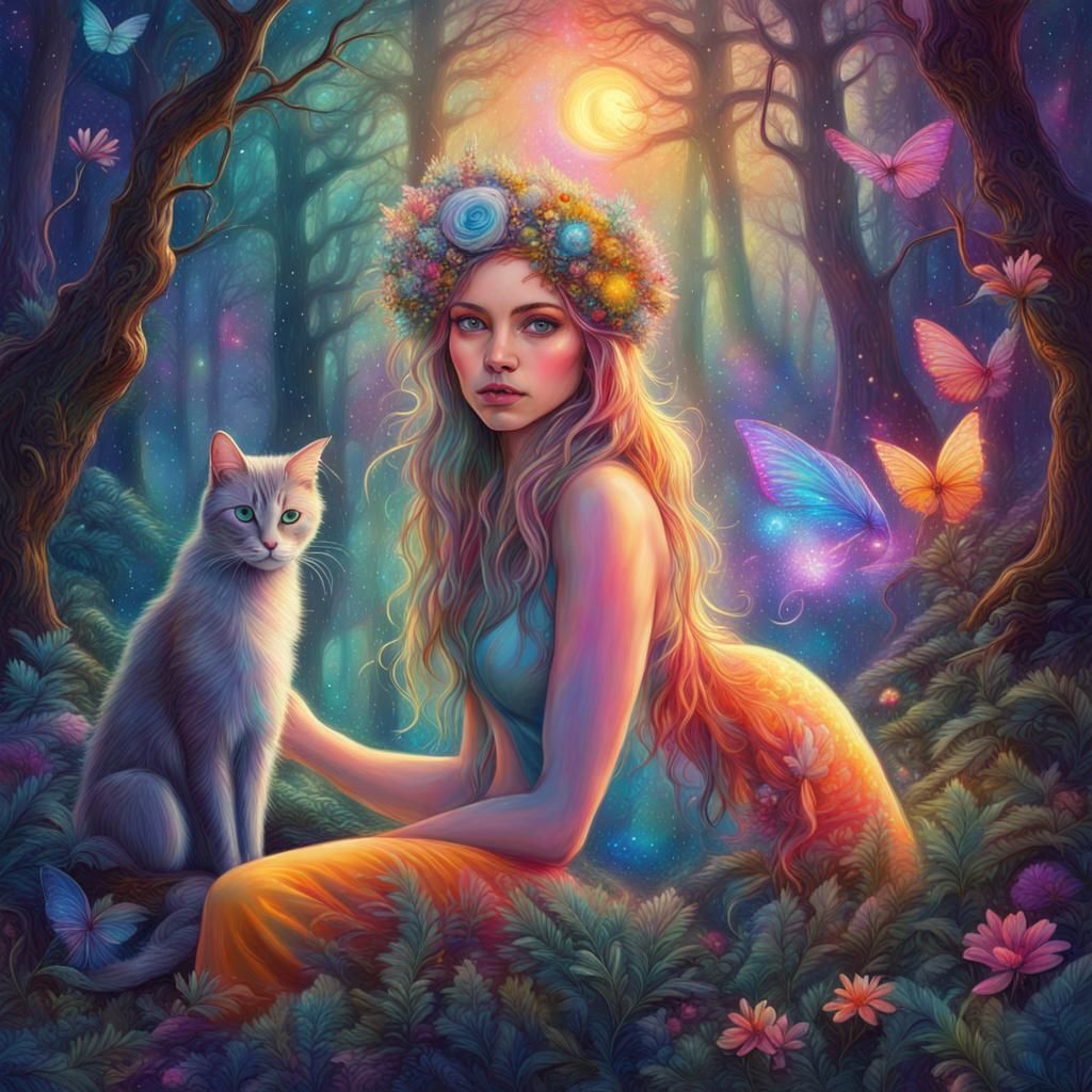 Fairy and Cat in Mystic Forest at Dawn