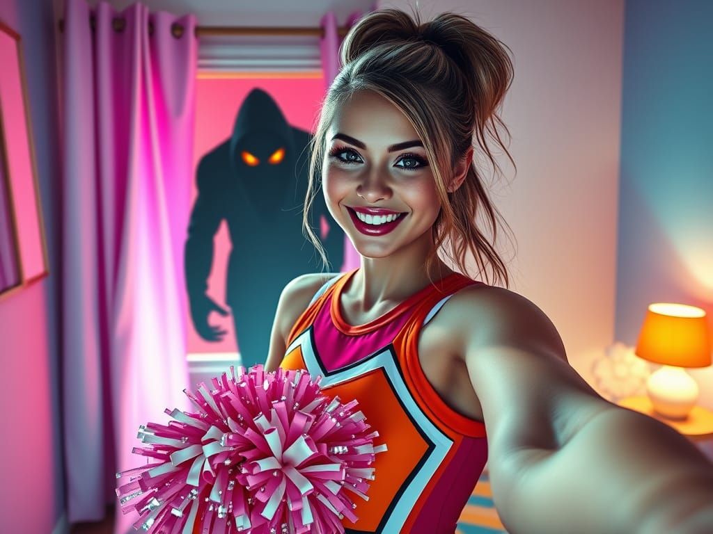 Cheerleader Captured in Mid-Shot with Sinister Figure Behind
