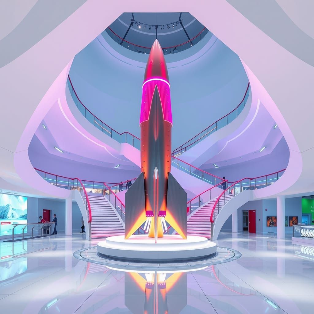 Futuristic Rocket Dominates Expo Hall in Neon-Lit Glory