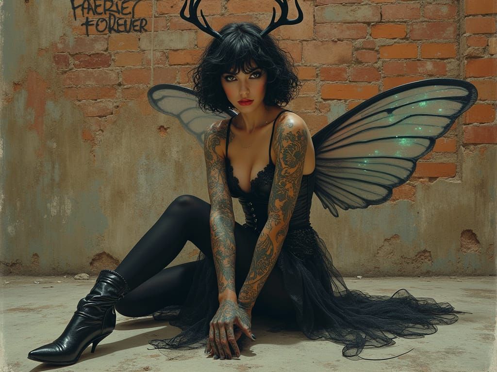 Gothic Fairy with Antlers in Post-Apocalyptic City