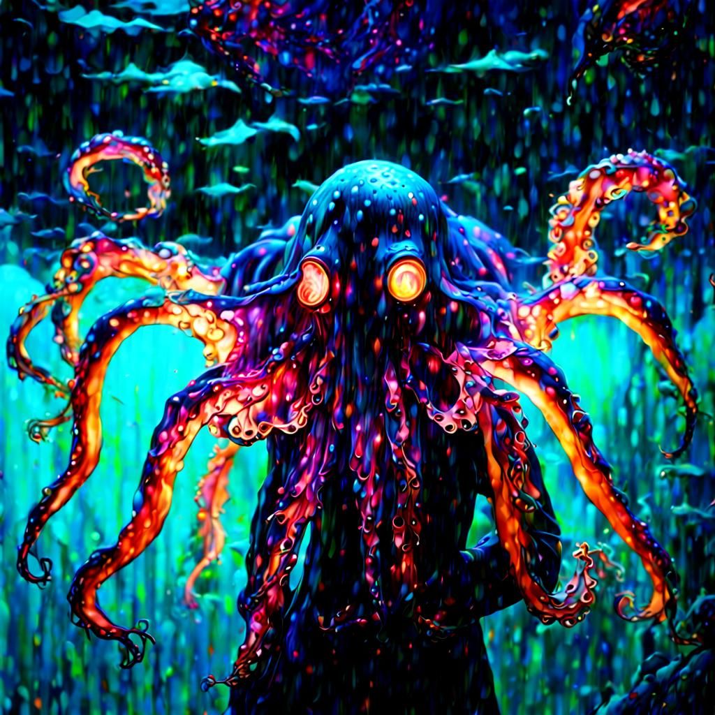 Bioluminescent Underwater Squid Person Fantasy Concept Art