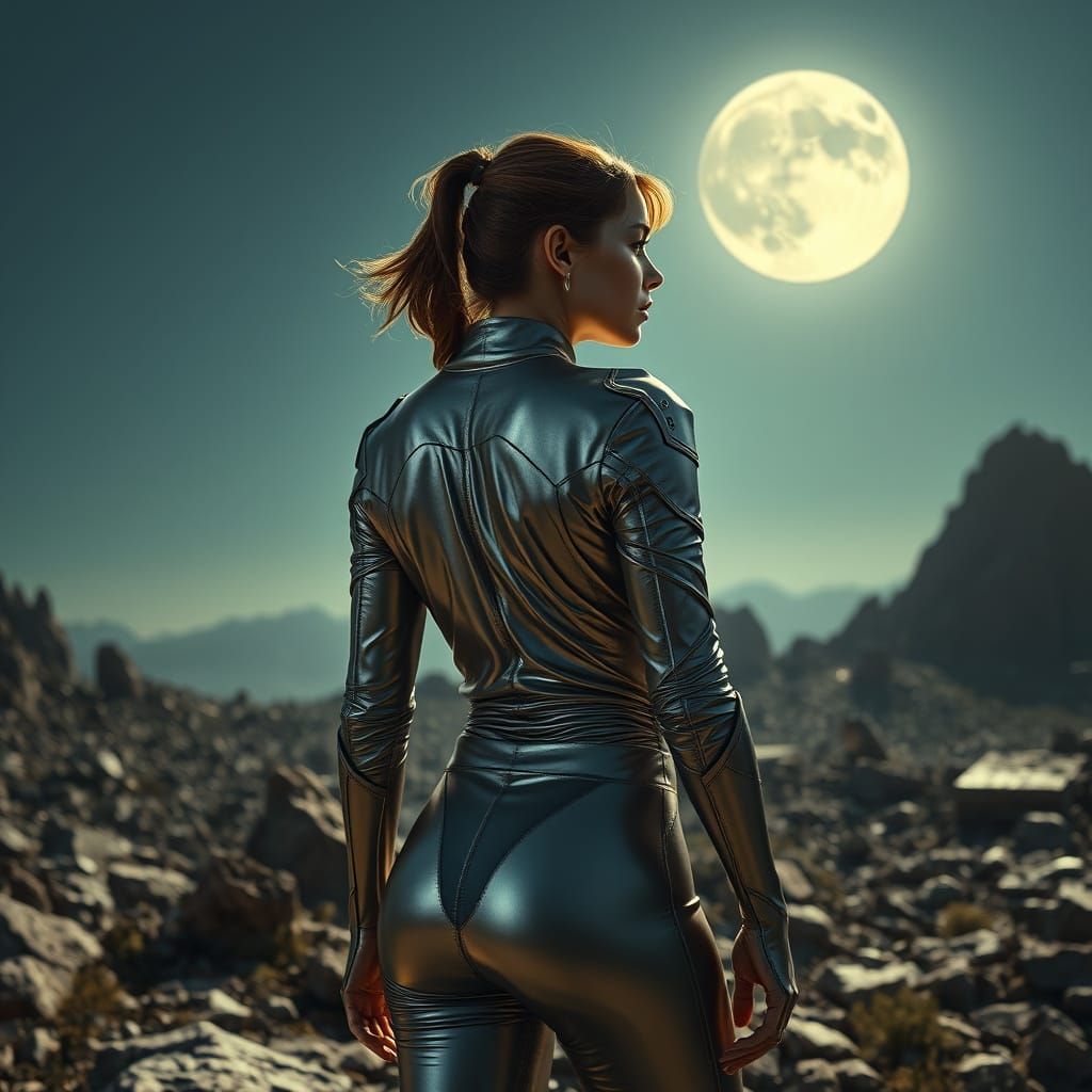 Futuristic Woman in Metallic Suit Under Moonlight