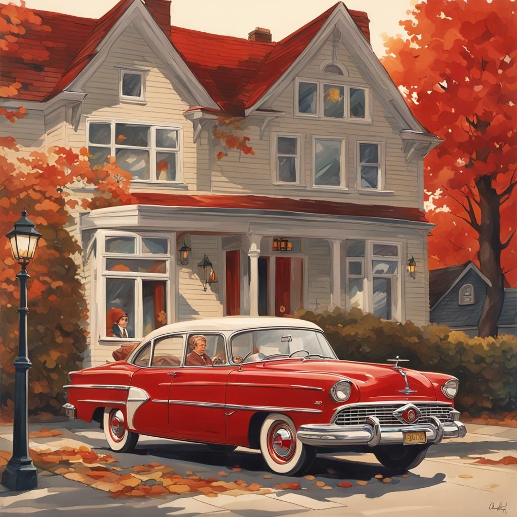 Autumnal Reflection: Vintage Car in Suburban Scene
