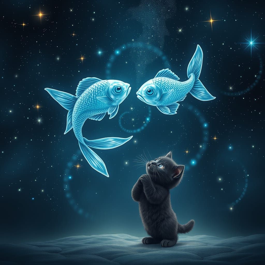 Whimsical Night Sky Scene with Magical Fish and Kitten