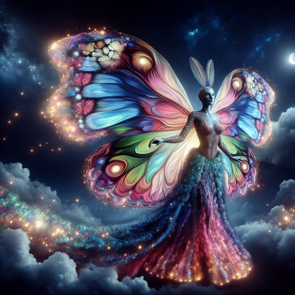 Moth Goddess in Iridescent Gown Under Moonlight