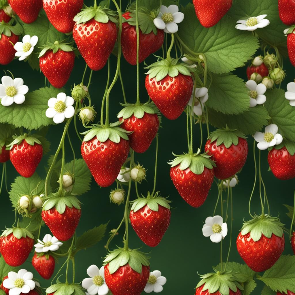 Red Strawberries on Vine in Ultra-Detailed Close-Up