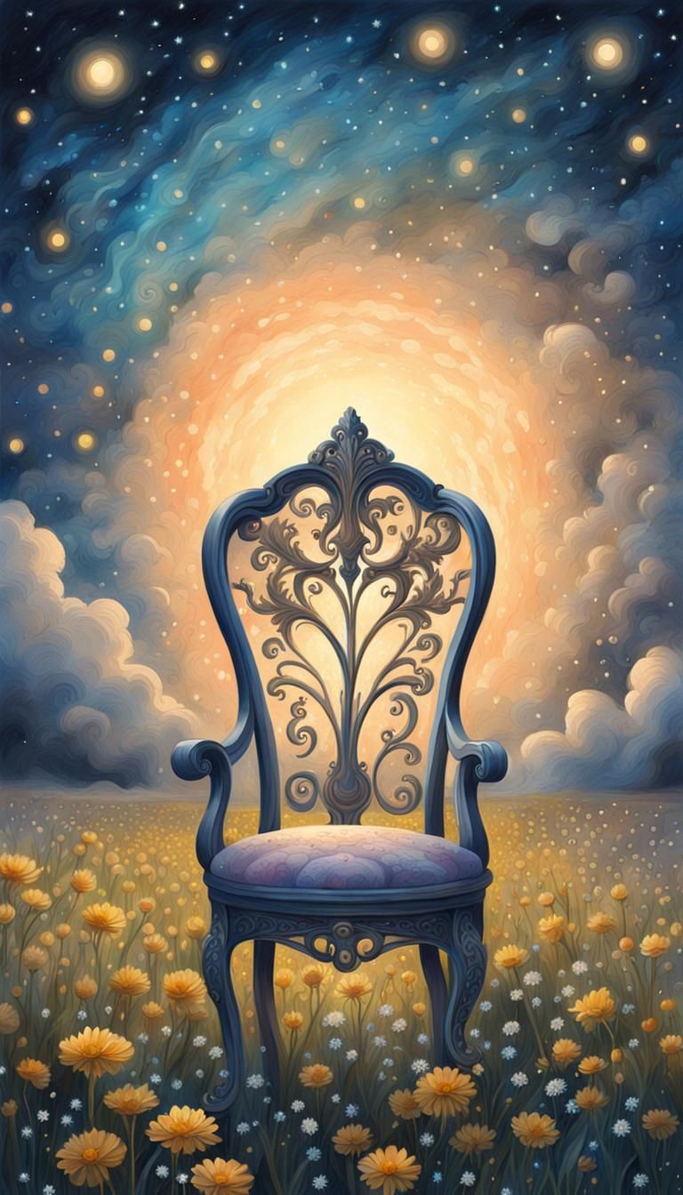 Magical Chair in Moonlit Flower Field Painting