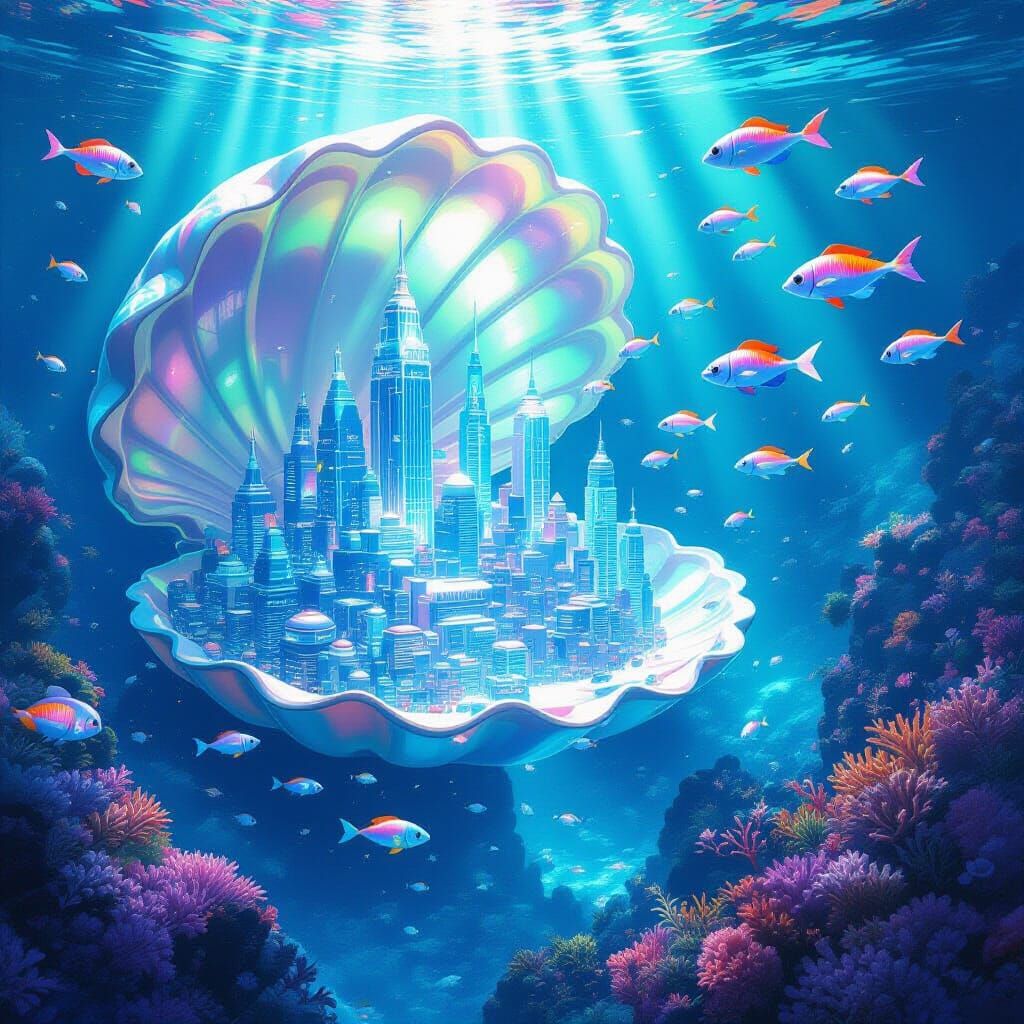 Whimsical Underwater City in Giant Seashell