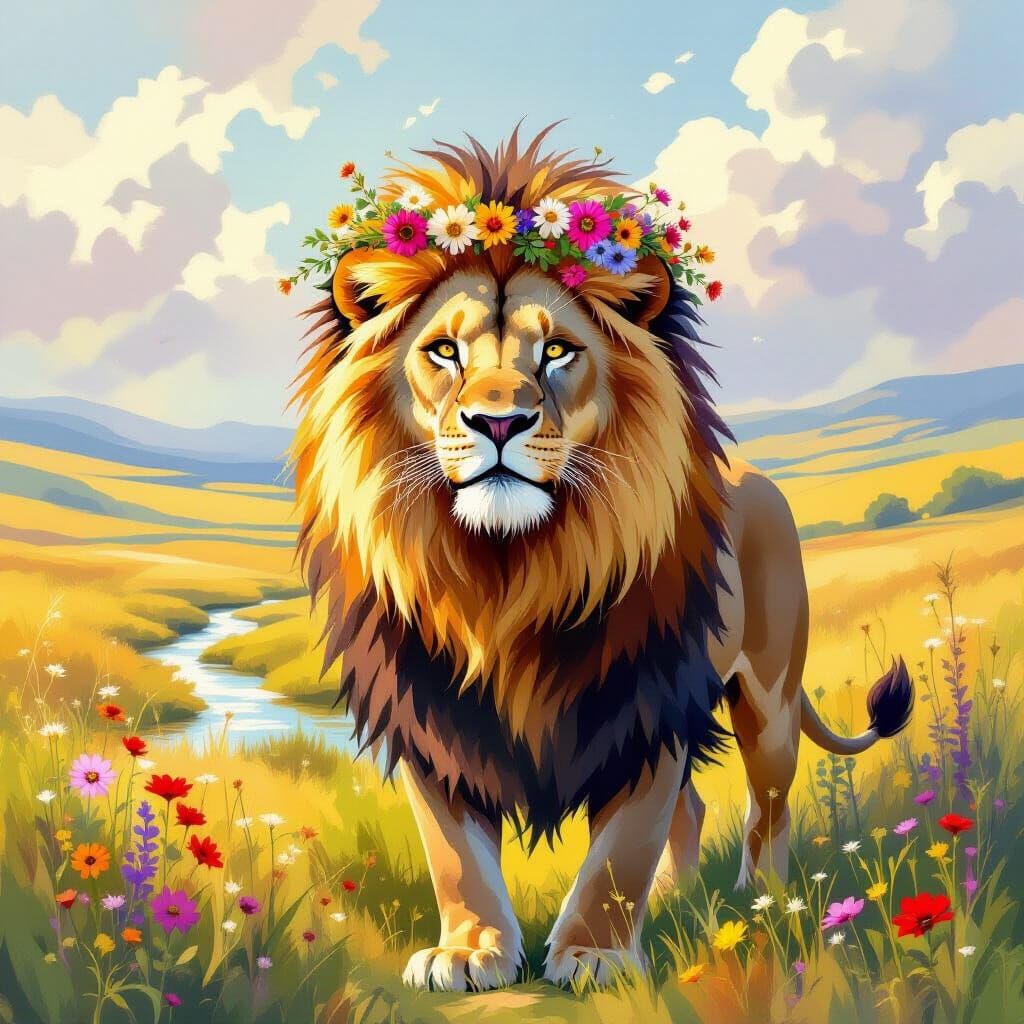 Majestic Lion Crowned with Wildflowers in Sunlit Meadow