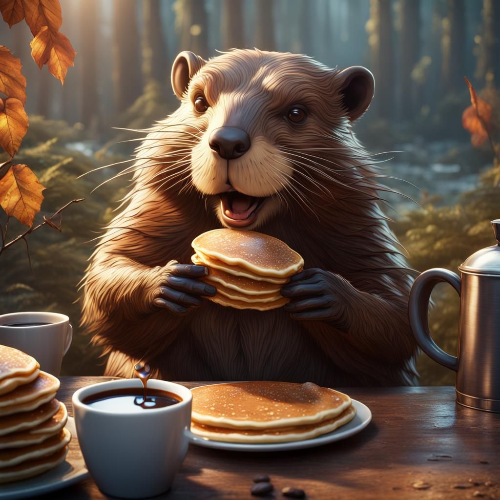 Beaver's Breakfast: Coffee and Pancakes in Detailed Painting