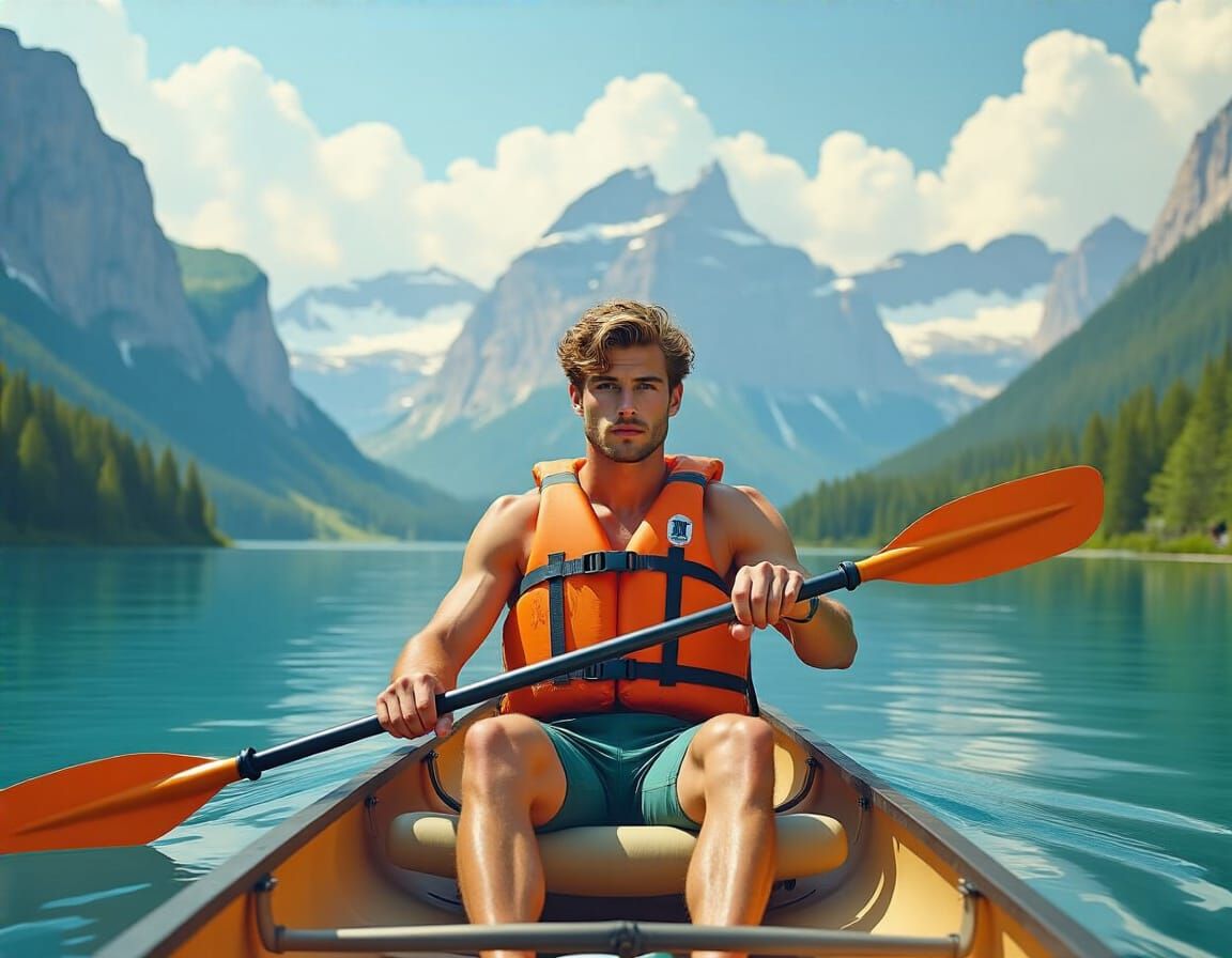 Swiss Man Kayaking in Mountain Lake: Hyperrealistic Art