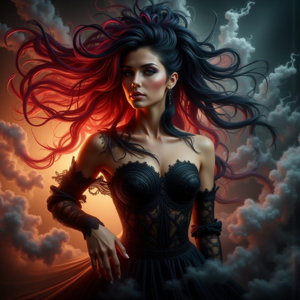 Powerful Woman with Black and Red Hair